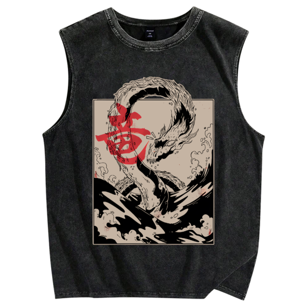 Japanese Dragon Vintage Distressed Washed Tank Top