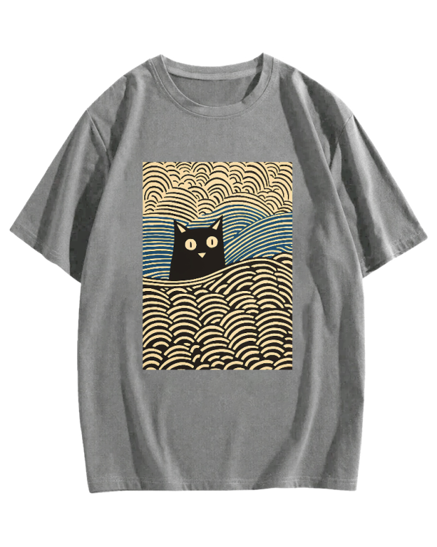 Wave Japanese Cat Art Cotton casual T-shirt