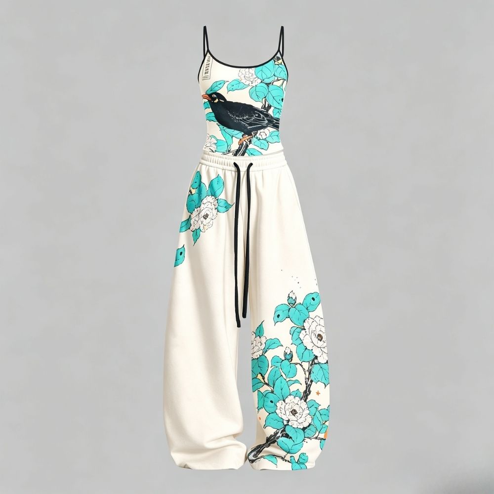 Oriental Camellia Bird Top & Elasticated Trousers Two-Piece Set