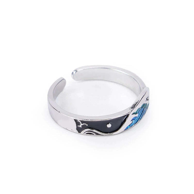The Great Wave Off Birds Men Couple Ring