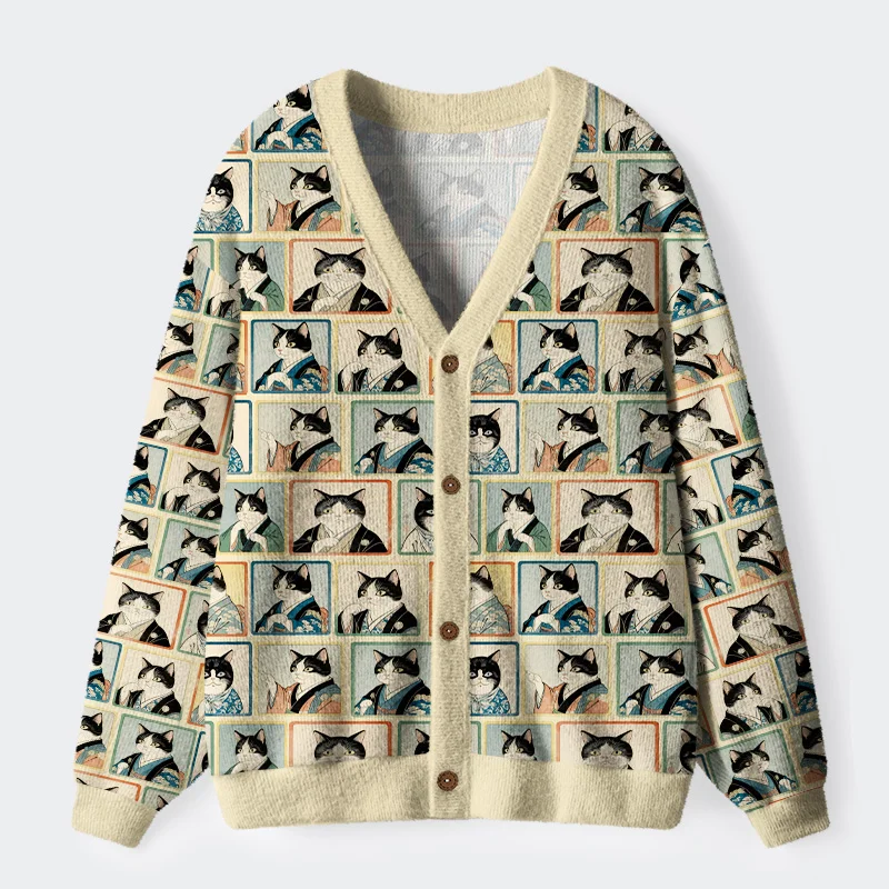 Unisex Japanese Cat Headshot Ugly Cardigan Sweater