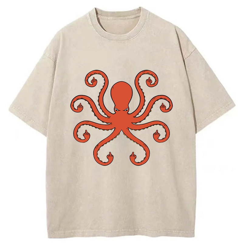 Octopus Give The Middle Finger Washed T-Shirt