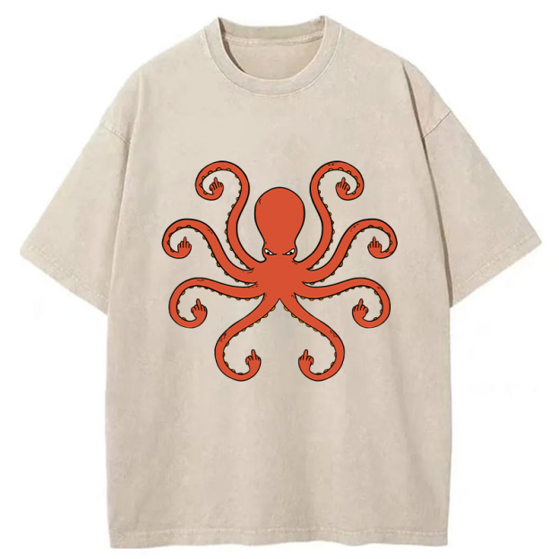 Octopus Give The Middle Finger Washed T-Shirt