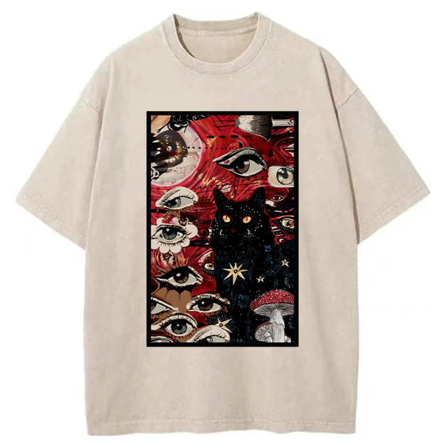 Psychedelic Black Cat Washed T-Shirt