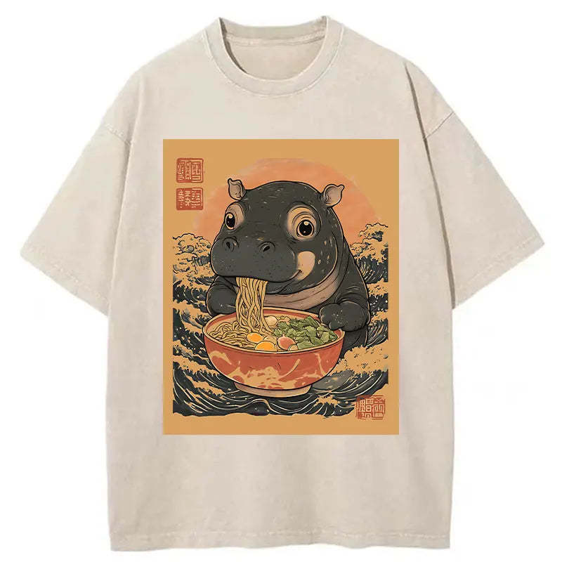 Moo Deng Eat Ramen Washed T-Shirt