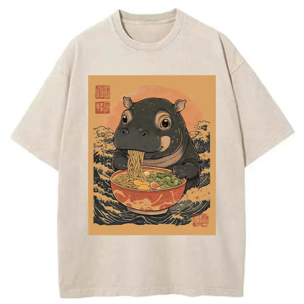 Moo Deng Eat Ramen Washed T-Shirt