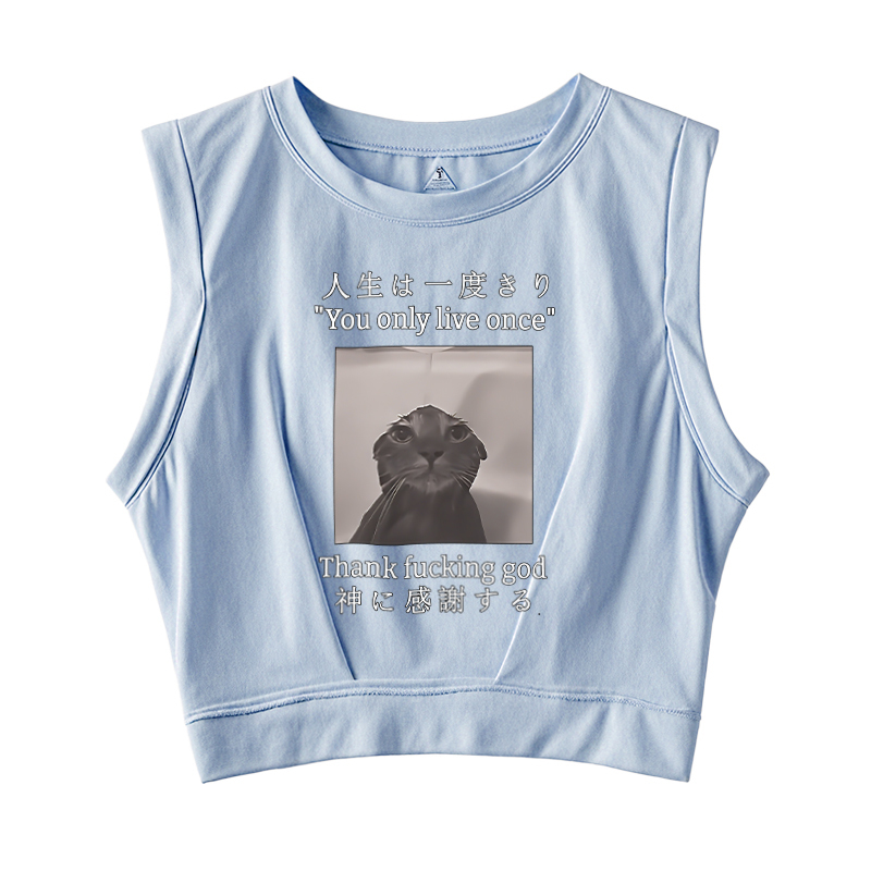  Funny Melancholy Cat Sleeveless Crop Top