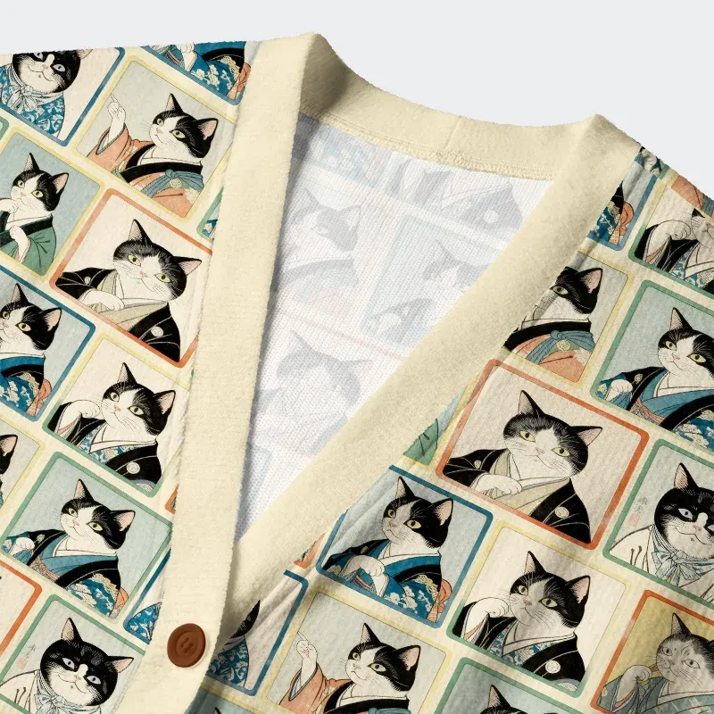 Unisex Japanese Cat Headshot Ugly Cardigan Sweater