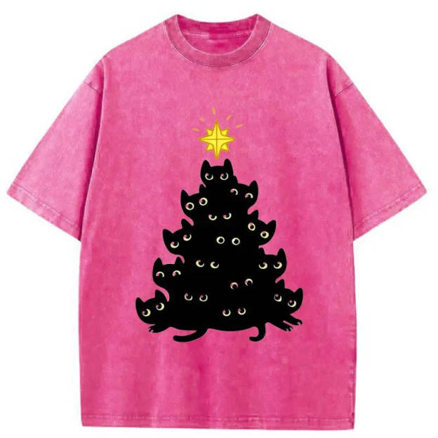 Black Cat Christmas Tree Washed T-Shirt
