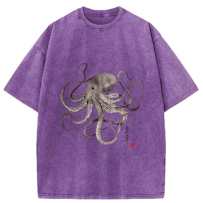 Octopus Japanese Calligraphy Washed T-Shirt