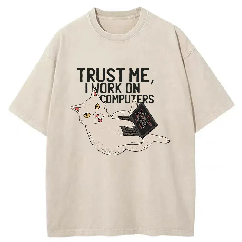 Cat At Work Washed T-Shirt