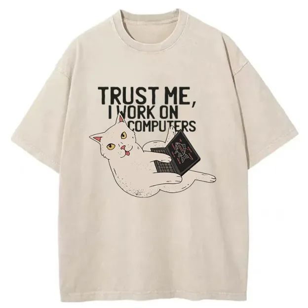 Cat At Work Washed T-Shirt