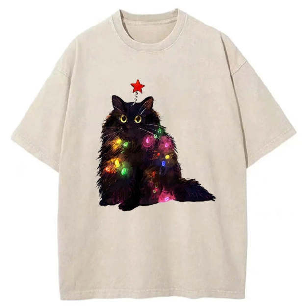 Christmas Lights Cat Washed T-Shirt