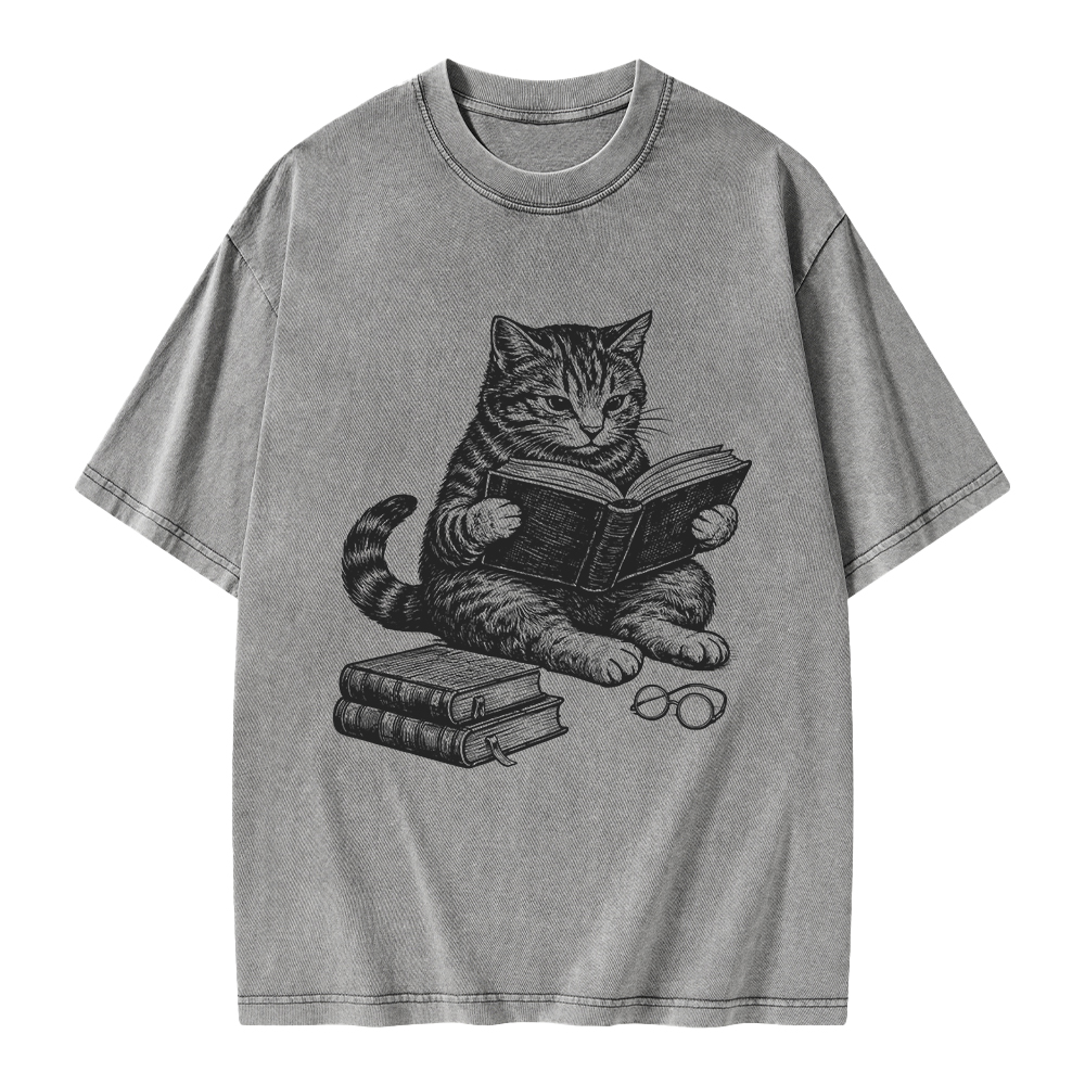 Unisex Cat Reading Book Printed Washed Tee