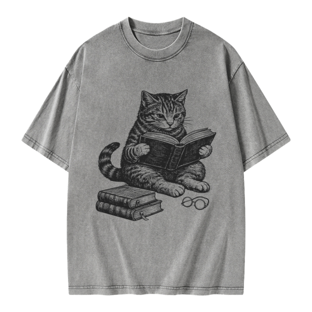 Unisex Cat Reading Book Printed Washed Tee