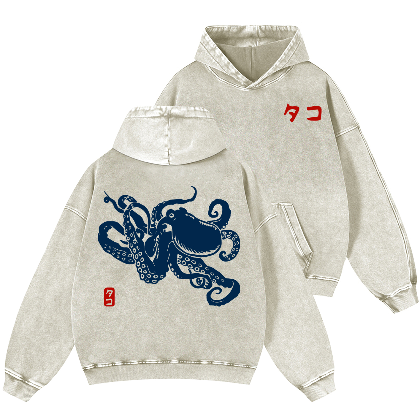 Octopus Vintage Washed Cotton Back Art Hoodie