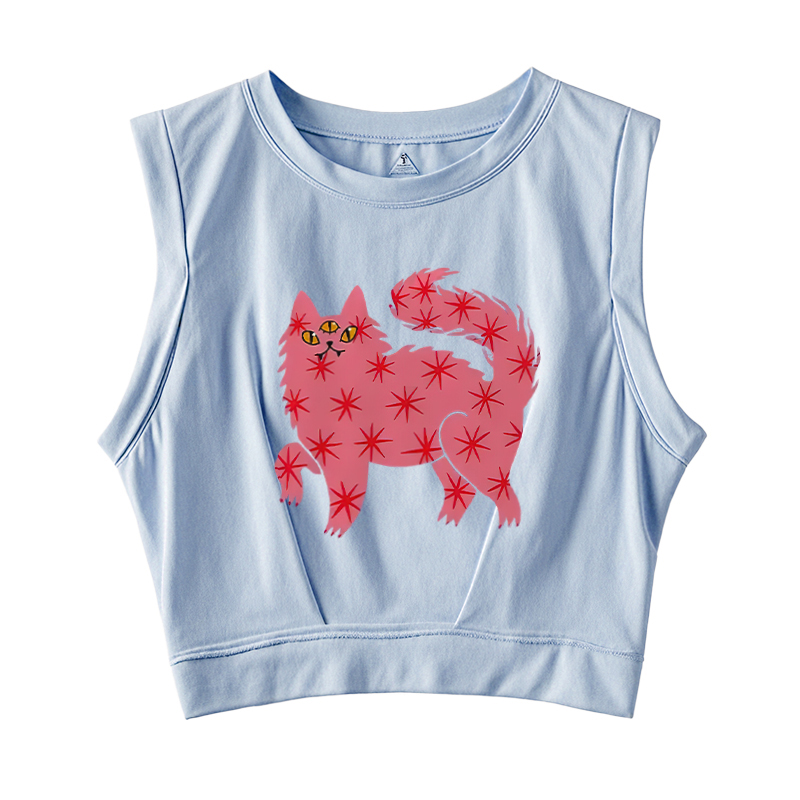  Three Eyes Pink Cat Sleeveless Crop Top