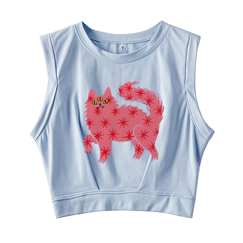  Three Eyes Pink Cat Sleeveless Crop Top
