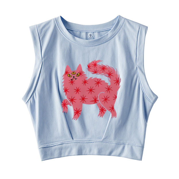  Three Eyes Pink Cat Sleeveless Crop Top