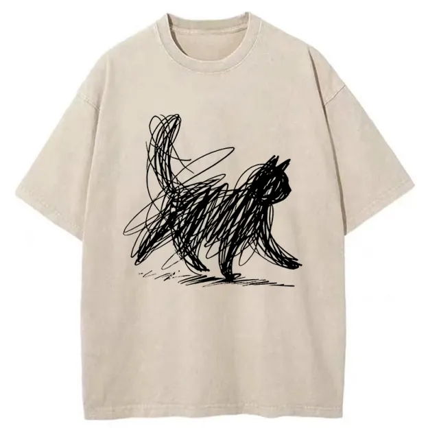 Unisex Minimalist Cat Art Washed T-Shirt