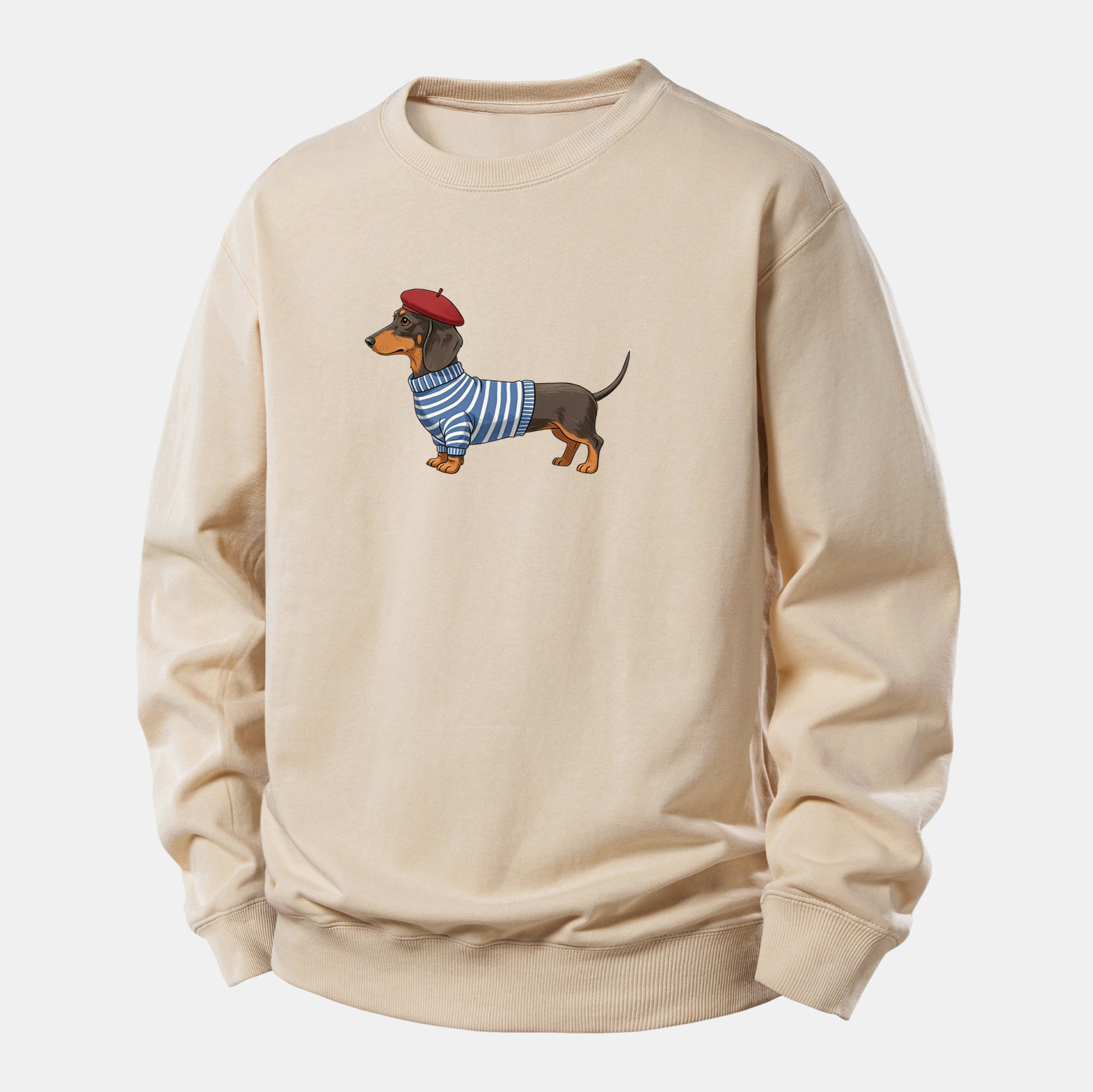 Dachshund Wearing Striped Sweater Print Relax Fit Sweatshirt
