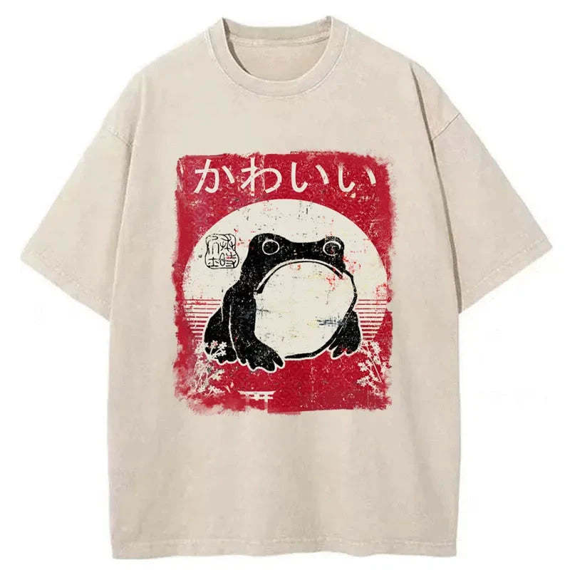 Woodblock Print Grumpy Frog Washed T-Shirt