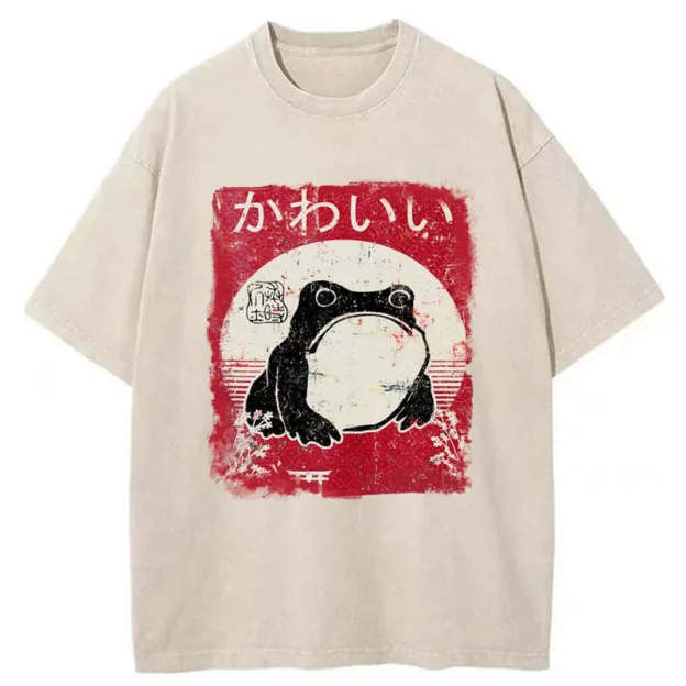 Woodblock Print Grumpy Frog Washed T-Shirt