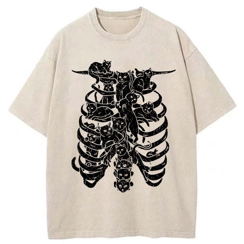 Cat Lying On The Skeleton Washed T-Shirt