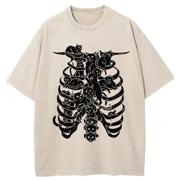 Cat Lying On The Skeleton Washed T-Shirt