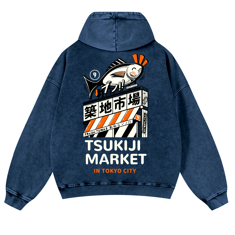 Tsukiji Fish Market Vintage Washed Cotton Back Art Hoodie
