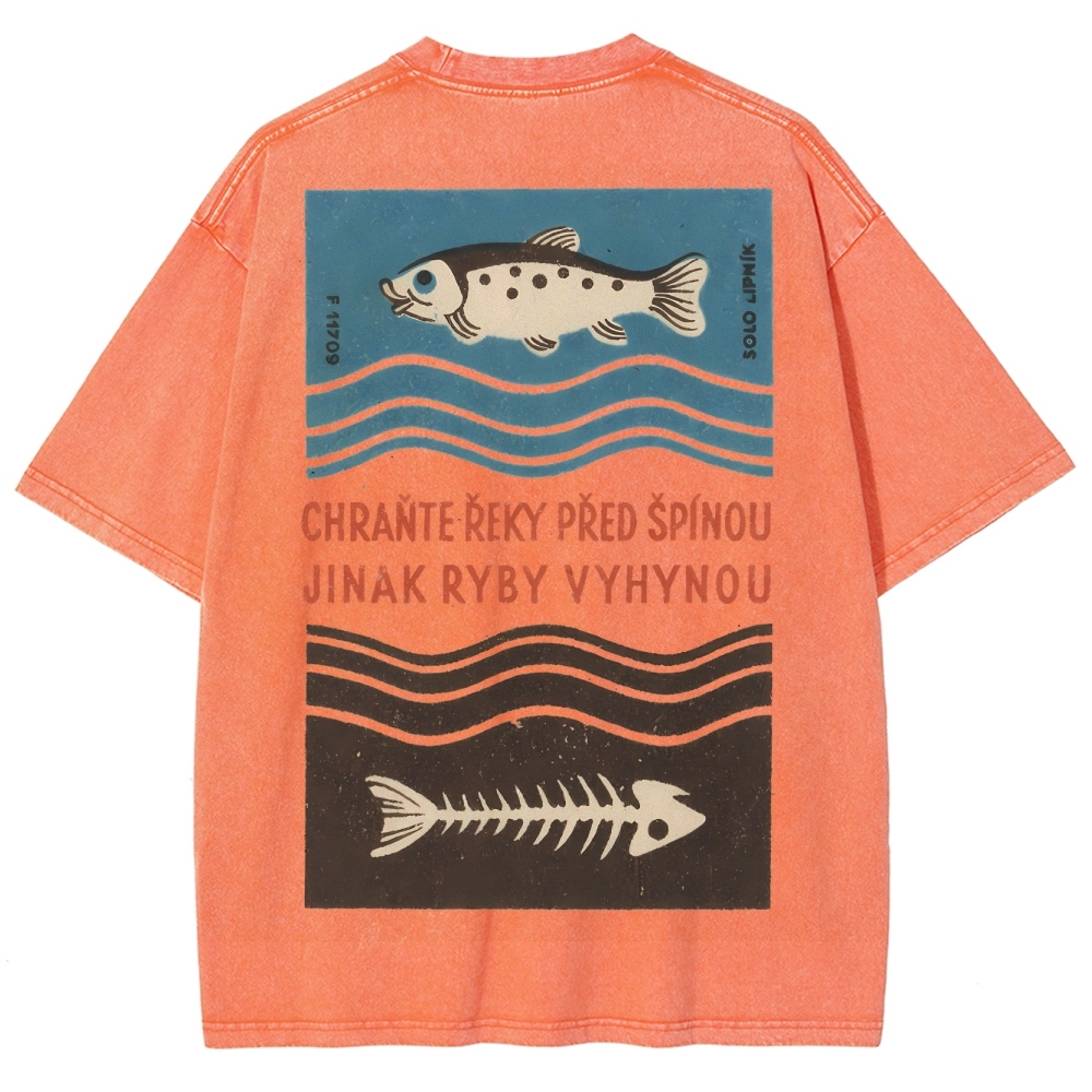 Fish And Fish Bone Washed Vintage Short Sleeves T-Shirt