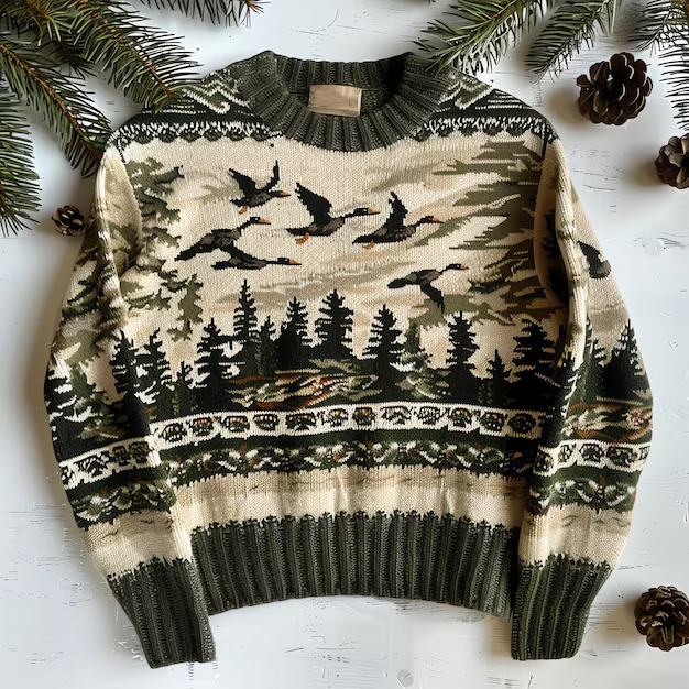 Vintage Forest And Birds Pattern Warmth Knitted Jacquard Unisex Sweater
