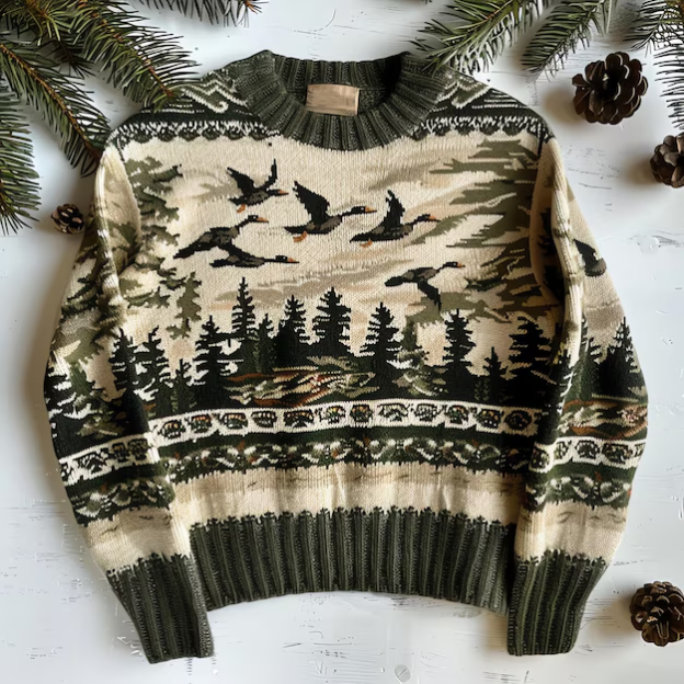 Vintage Forest And Birds Pattern Warmth Knitted Jacquard Unisex Sweater