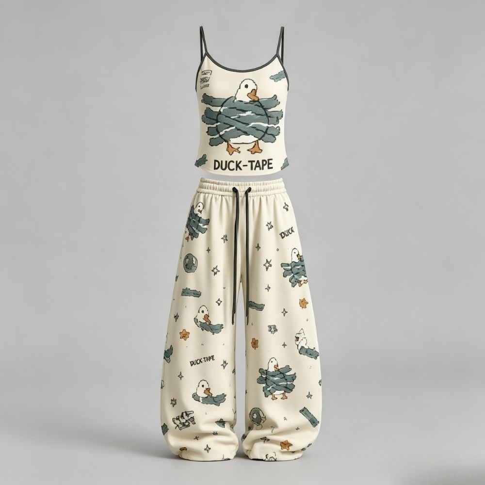 Funny Duck‑Tape Print Top & Elasticated Trousers Two-Piece Set