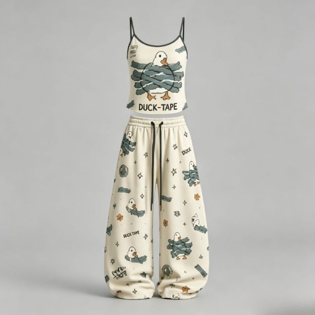 Funny Duck‑Tape Print Top & Elasticated Trousers Two-Piece Set
