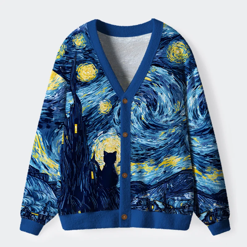 Unisex Cat Under The Stars Ugly Cardigan Sweater