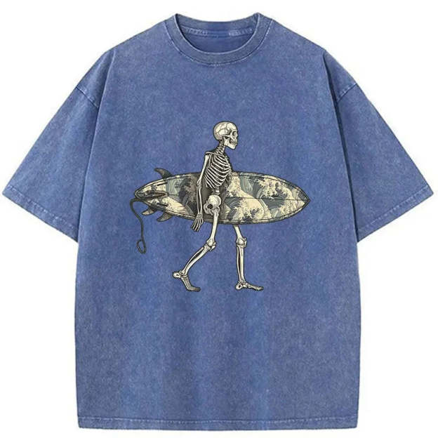 Skeleton Ready To Go Surfing Washed T-Shirt