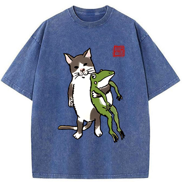 Cat Holding A Frog Washed T-Shirt
