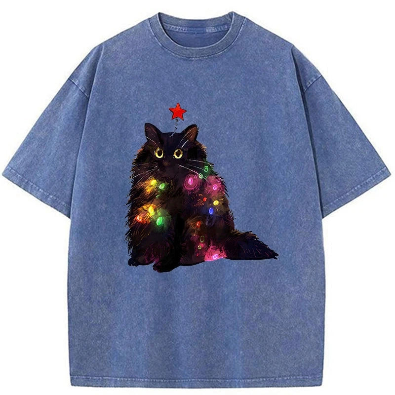 Christmas Lights Cat Washed T-Shirt