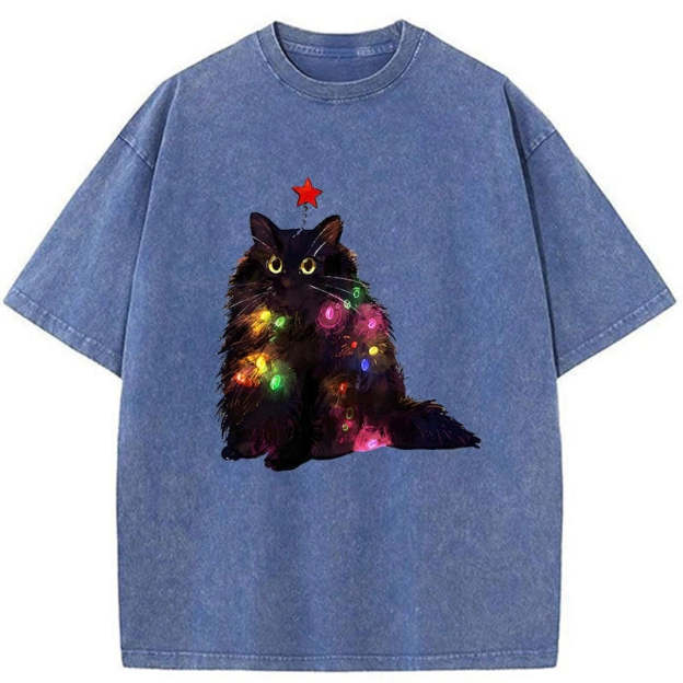 Christmas Lights Cat Washed T-Shirt