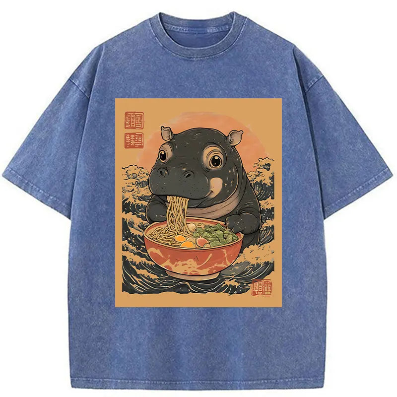 Moo Deng Eat Ramen Washed T-Shirt