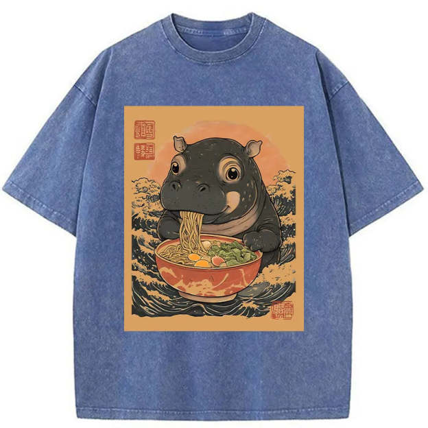 Moo Deng Eat Ramen Washed T-Shirt