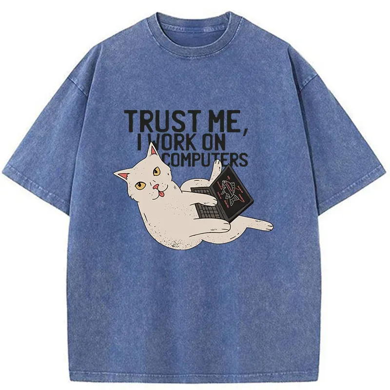 Cat At Work Washed T-Shirt