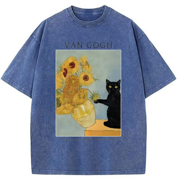 Black Cat With Sunflowers Washed T-Shirt