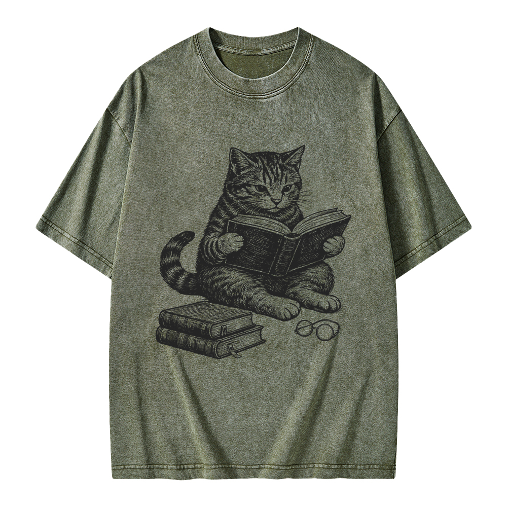Unisex Cat Reading Book Printed Washed Tee
