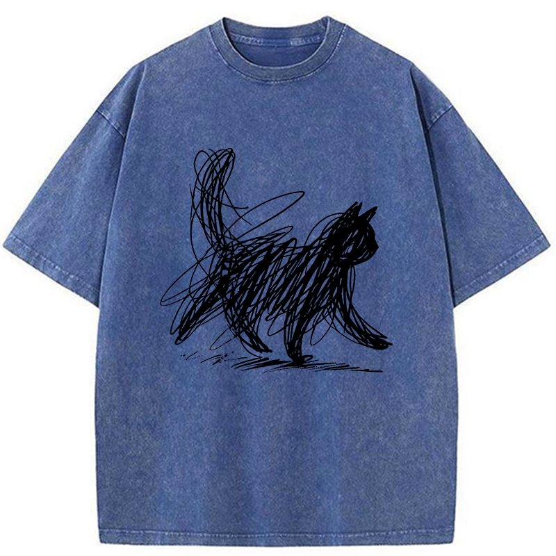 Unisex Minimalist Cat Art Washed T-Shirt