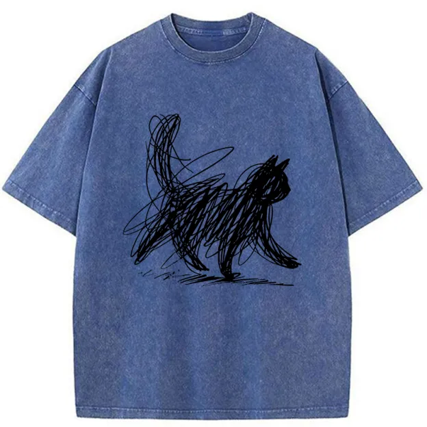 Unisex Minimalist Cat Art Washed T-Shirt