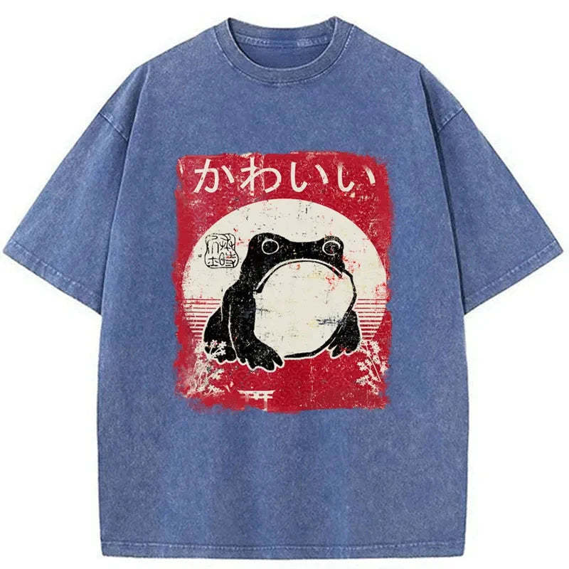 Woodblock Print Grumpy Frog Washed T-Shirt