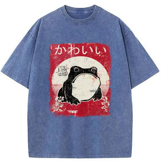 Woodblock Print Grumpy Frog Washed T-Shirt