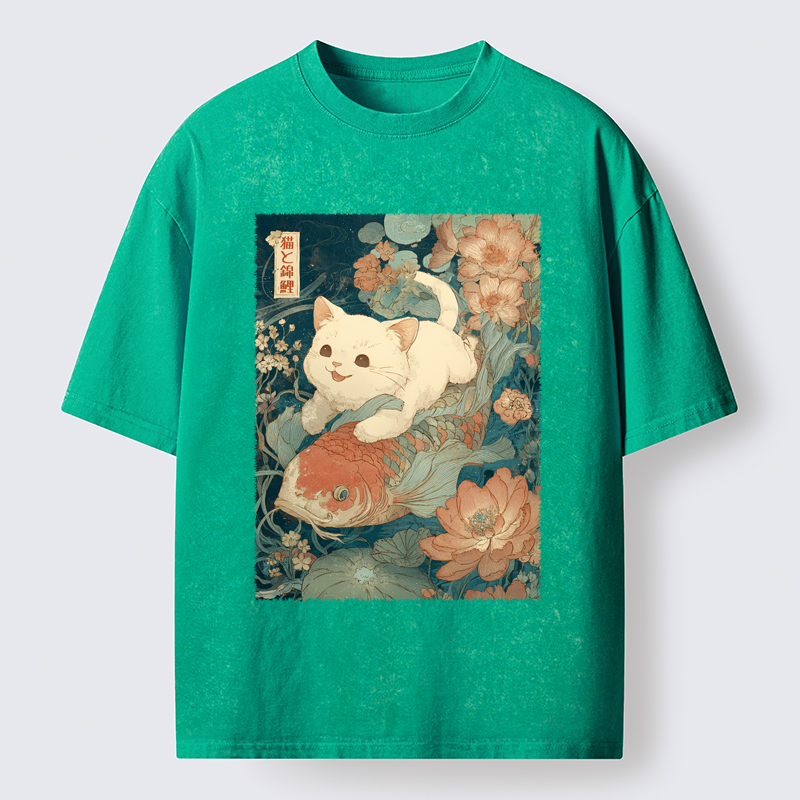 Unisex Cat And Koi Washed T-Shirt